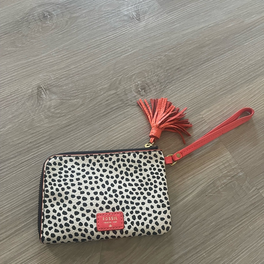 Fossil Black and White Dotted Wristlet with Red Details